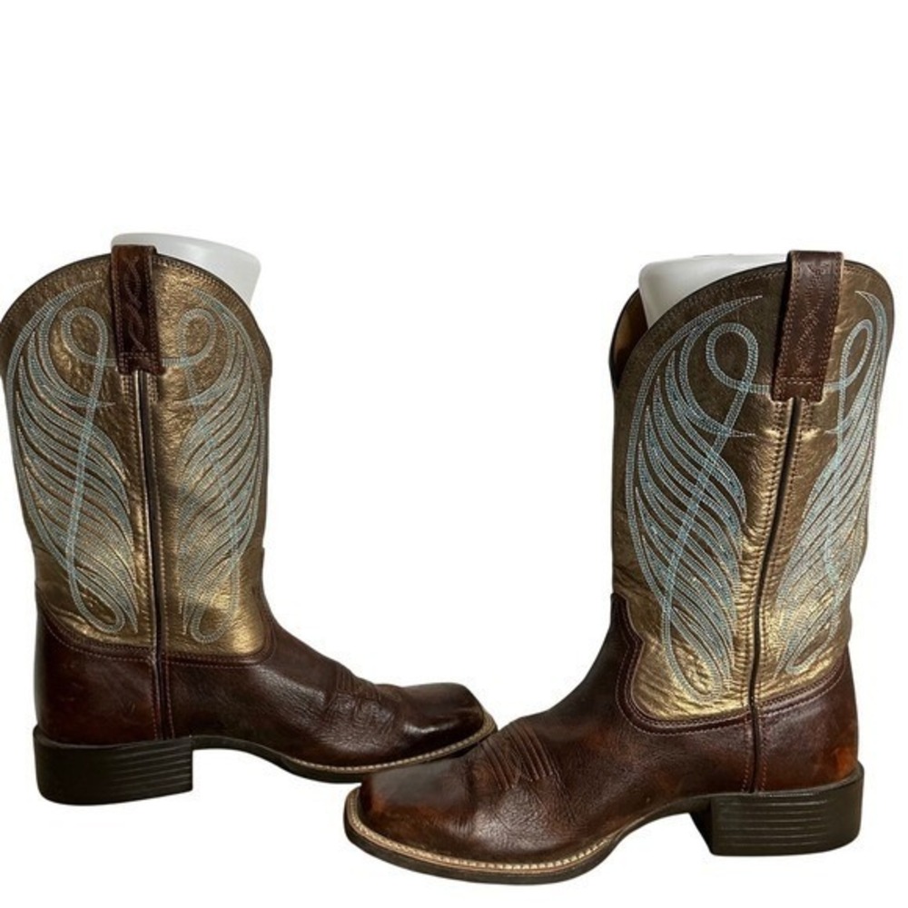 Ariat Round Up Western Boots Womens 10B‎ Brown Leather Turquoise Wide Square Toe